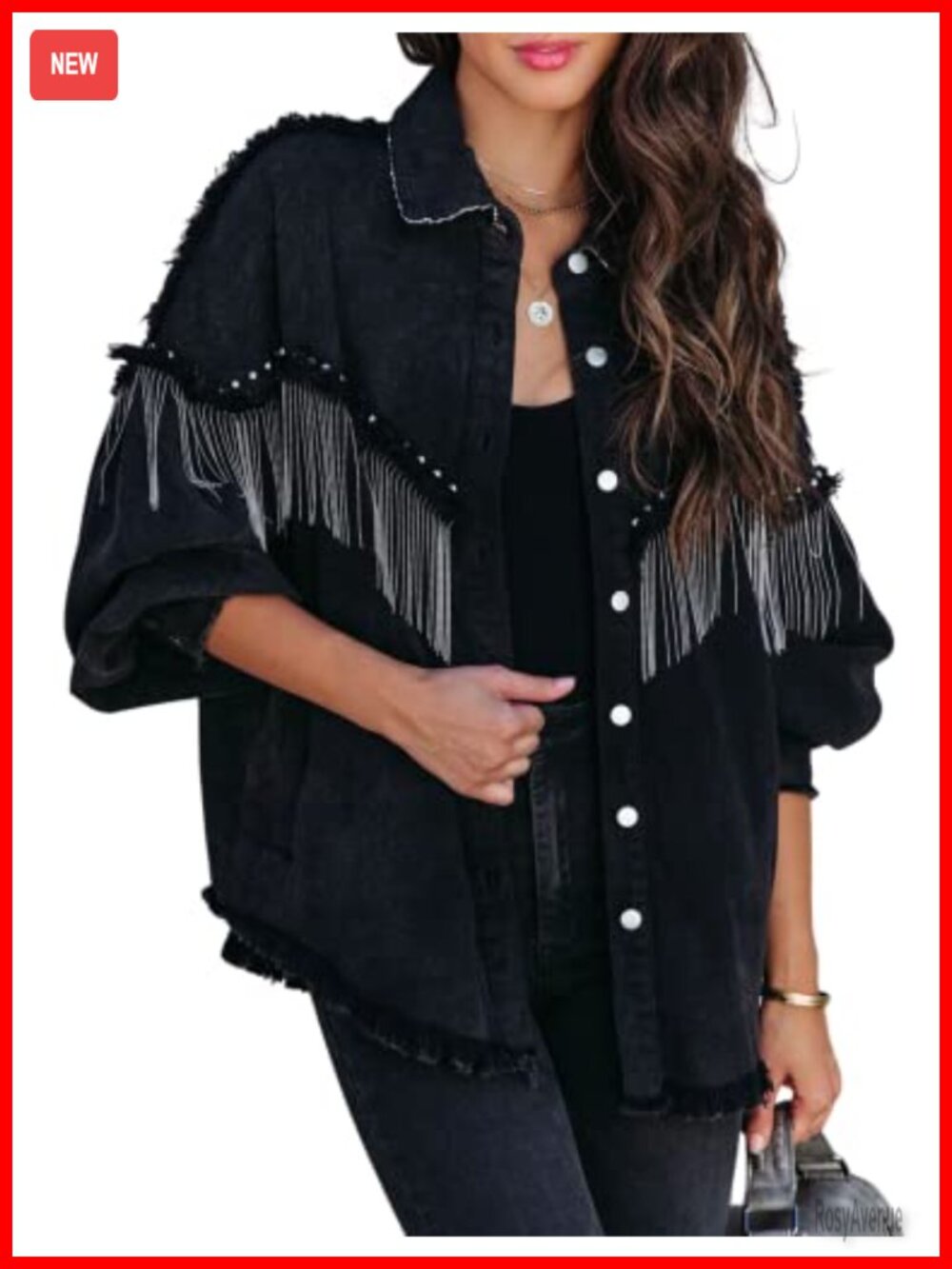 Oversized Fringe Denim Jacket for Women, Sparkly Tassel Western Cowgirl Coat